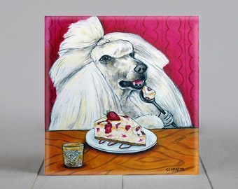 Poodle eating cheesecake dog art tile coaster gift - multiple sizesa vailable