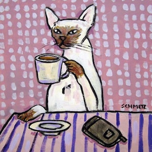 Siamese Cat at the Coffee Shop Art tile Coaster  - multiple sizes