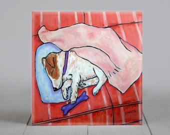jack russell terrier sleeping - tile coaster - gift - animal - dog decor - pet