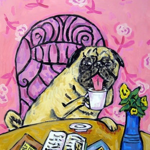 pug art - Pug at the Coffee Shop Dog Art Print - pug gifts