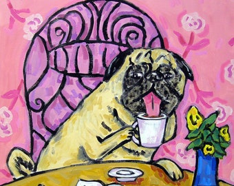 pug art - Pug at the Coffee Shop Dog Art Print - pug gifts