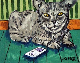 cat art - cat print - funny animal art - home decor grey cat