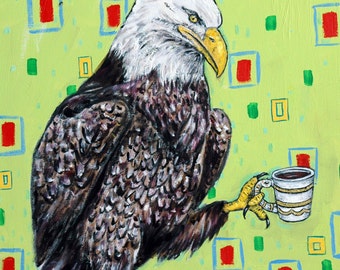 EAGLE bird at the coffee shop art print - stretched canvas or paper print - multple sizes