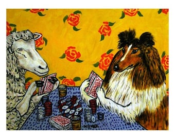 Sheep Sheepdog dog playing poker art print gift shetland dog artwork gifts