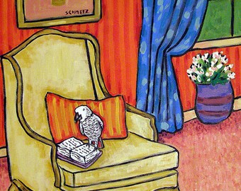 African grey reading bird art print - stretched canvas or matte paper prinjt - multiple sizes