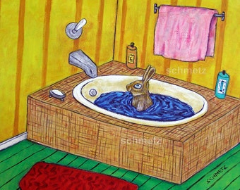 bunny rabbit taking a bath bathroom decor art print on a ready to hang stretched canvas