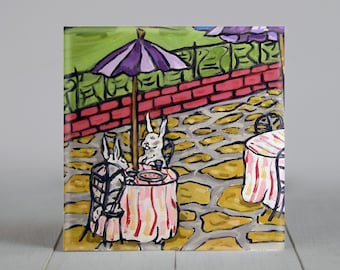 Bunny art - bunny rabbit coaster - animal decor - pizza decor - pizza artwork - square tile - for tabletop or wall