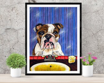 Bulldog art print on paper or canvas - bulldog flossing dental - bu schmetzpetz