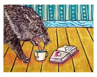 Javelina Reading a Book With Green Tea Art Print