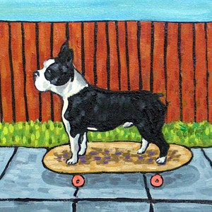 Lienzo impreso con la imagen de un perro Boston Terrier patinando, listo para colgar, del artista georgiano Schmetzpetz.