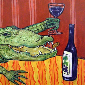 alligator at the wine bar animal art print on ready to hang gallery wrapped canvas