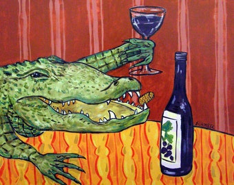 alligator at the wine bar animal art print on ready to hang gallery wrapped canvas