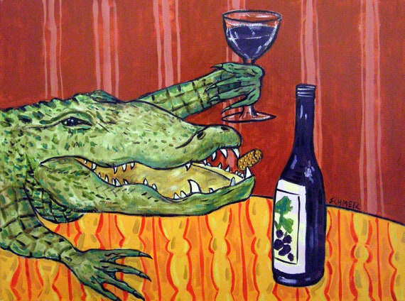 alligator at the wine bar animal art print on matte or glossy finish heavyweight paper