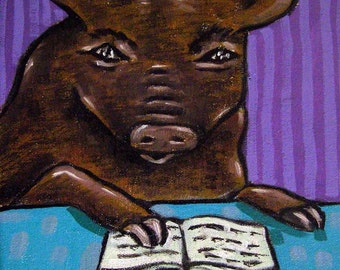 brown pig reading - animal art - tile coaster - gift