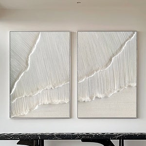 Original 3D White Minimalist Textured Wall Art Set Of 2 Ocean Wave Painting on Canvas Neutural Tone Wabi-Sabi Wall Art Living Room Painting