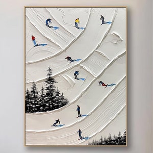Original Ski Sport Painting on Canvas Custom Painting Texture Wall Art Personalized Gift Skier on Snowy Mountain Art White Snow Skiing Art
