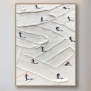 May include: Abstract painting of skiers on a white snowy mountain. The painting is done in a thick, textured style with white paint and hints of red and blue.