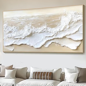 Original 3D Textured Ocean Wall Art Original Plaster Style Beach Painting on Canvas White Wave Decor Unique Wabi-sabi Living Room Wall Art