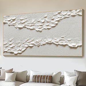 3D White Minimalist Textured Wall Art Beach Painting Ocean Wave Painting on Canvas Wabi-Sabi Wall Art Living Room Painting Fashion Decor