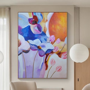 Abstract Flower Oil Painting on Canvas, Large Wall Art, Original Minimalist Coloured Floral Art Custom Painting Boho Wall Decor Living Room