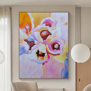 Original Flower Oil Painting on Canvas, Large Wall Art, Abstract Minimalist Pink Floral Art Custom Painting Boho Wall Decor Living Room