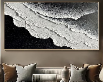 3D Minimalist Ocean Painting on Canvas Textured Wall Art Black White Waves Art Wabi-Sabi Wall Art Living Room Painting Fashion Room Decor