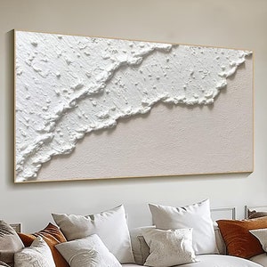 3D White Minimalist Beach Painting Textured Wall Art Ocean Wave Painting on Canvas Wabi-Sabi Wall Art Living Room Painting Fashion Decor