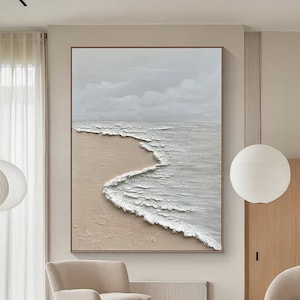 Large White Minimalist Beach Painting Textured Wall Art Ocean Wave Painting on Canvas Wabi-Sabi Wall Art Living Room Painting Fashion Decor