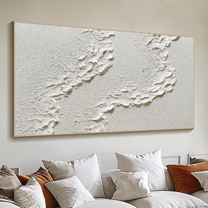 3D White Minimalist Beach Painting Textured Wall Art Ocean Wave Painting on Canvas Wabi-Sabi Wall Art Living Room Painting Fashion Decor