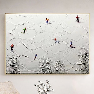 Original Ski Sport Painting on Canvas Custom Painting Texture Wall Art Personalized Gift Skier on Snowy Mountain Art White Snow Skiing Art