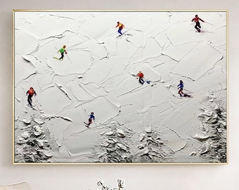 Original Ski Sport Painting on Canvas Custom Painting Texture Wall Art Personalized Gift Skier on Snowy Mountain Art White Snow Skiing Art