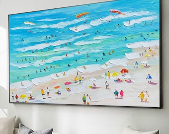 Strukturiertes Strandgemälde: Menschenmassen am Ufer, persönliche Sommerkunst