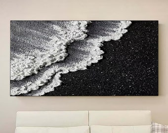 Black White Minimalist Beach Painting Textured Wall Art Ocean Wave Painting on Canvas Wabi-Sabi Wall Art Living Room Painting Fashion Decor