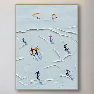 Original Ski Sport Painting on Canvas Custom Painting Texture Wall Art Personalized Gift Skier on Snowy Mountain Art White Snow Skiing Art
