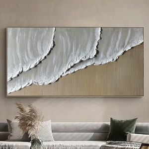 3D Beige Textured Wall Art Ocean Waves Painting on Canvas Ocean Abstract Painting Wabi-Sabi Wall Art White Beige Waves Art Canvas Wall Art