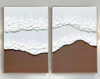 Textured Ocean Waves Painting Set, White Abstract Wall Art (2 pieces)