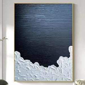 Original 3D Schwarz Weiße Wolke Wolke Gemälde auf Leinwand umrahmt Gips Stil texturierte Wand Kunst Elfenbein Wabi-Sabi Wohnzimmer Dekor Boho Moderne Leinwand