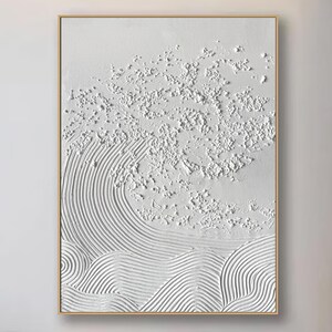 3D White Minimalist Beach Painting Textured Wall Art Ocean Wave Painting on Canvas Wabi-Sabi Wall Art Living Room Painting Fashion Decor