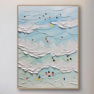 Happy Beach Ocean Surfing Art, Hand Painted Extra Large Heavy Textured 3D Minimalist Swimming Art Abstract Oil Painting, Coastal Wall Art