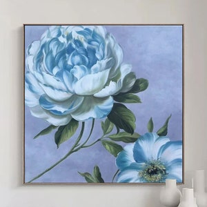 Original Large Blue Abstract Flower Wall Art Boho Wall Decor Large Colorful Wall Art Minimalist Wall Art Custom Painting