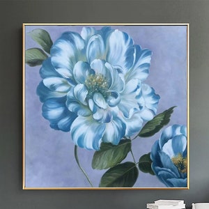Original Large Blue Abstract Flower Wall Art Boho Wall Decor Large Colorful Wall Art Minimalist Wall Art Custom Painting