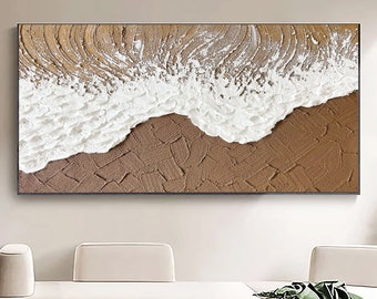 Textured Ocean Painting on Canvas, Minimalist Earth Tone Wave Art