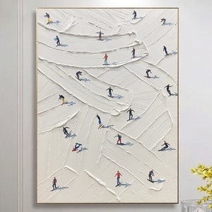 Original Ski Sport Painting on Canvas Custom Painting Texture Wall Art Personalized Gift Skier on Snowy Mountain Art White Snow Skiing Art