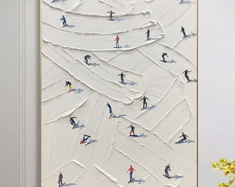 Original Ski Sport Painting on Canvas Custom Painting Texture Wall Art Personalized Gift Skier on Snowy Mountain Art White Snow Skiing Art