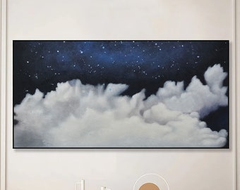 Witte wolk schilderij op canvas, abstracte nachtelijke hemel muurkunst