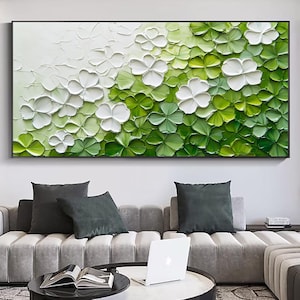 Large Green Flower Textured Wall Art 3D Abstrat Painting On Canvas Wall Decor Living Room Soft Color Textured Flower Wall Art Spring Decor