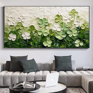 Large Green Flower Textured Wall Art 3D Abstrat Painting On Canvas Wall Decor Living Room Soft Color Textured Flower Wall Art Spring Decor