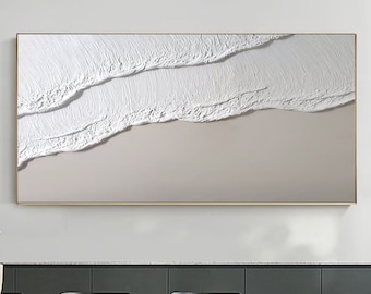 3D White Minimalist Textured Wall Art Beach Painting Ocean Wave Painting on Canvas Wabi-Sabi Wall Art Living Room Painting Fashion Decor