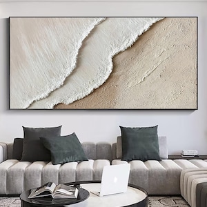 3D Minimalist Ocean Painting on Canvas Textured Wall Art Earth Tone Waves Art Wabi-Sabi Wall Art Living Room Painting Fashion Room Decor