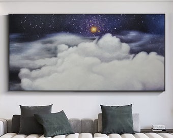 Ingelijst schilderij wolkenlandschap | Abstracte indigo muurkunst nachtelijke hemel